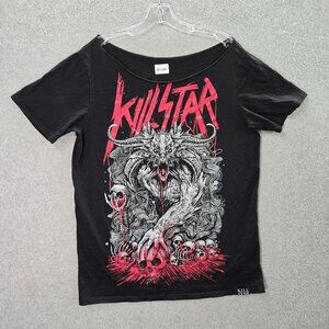 Killstar Women Top XL Black Logo Crypt‎ Demon Goth Metal Graphic Tee READ